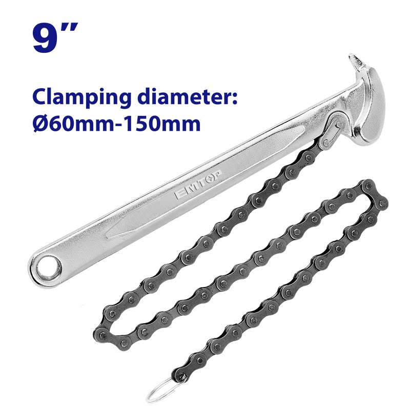 LLAVE DE CADENA 9 PLG. SUJECION 2 1/4- 5 7/8 PLG. CADENA 20 1/2 PLG. MANGO FORJADO, TRATAMIENTO TERMICO, CROMADO. EMTOP