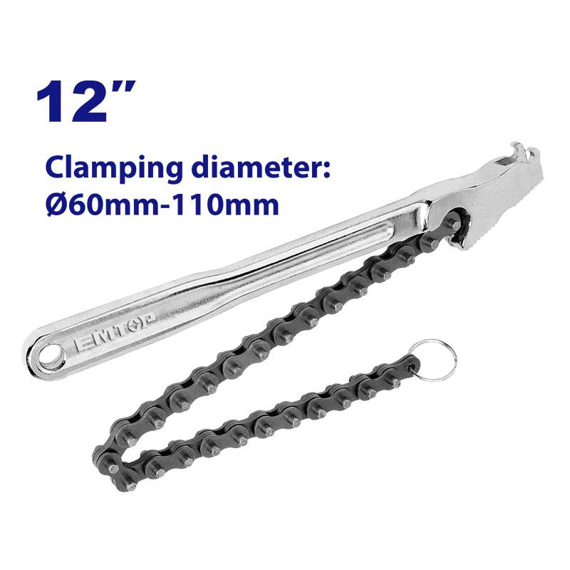 LLAVE DE CADENA 12 PLG. SUJECION 2 1/4- 4 3/8 PLG. CADENA 16 1/2 PLG. MANGO FORJADO, TRATAMIENTO TERMICO, CROMADO. EMTOP