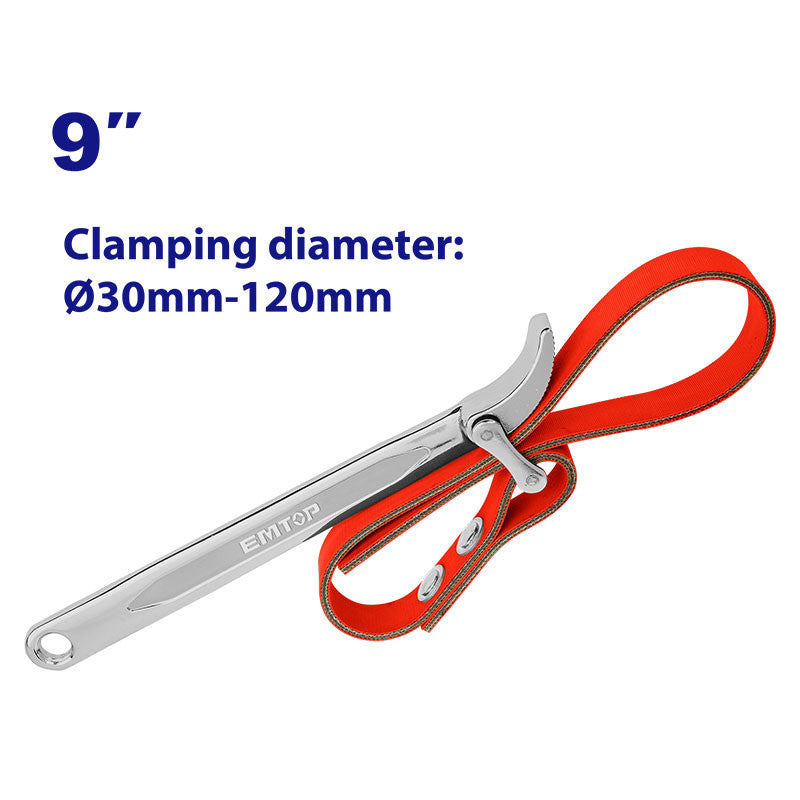 LLAVE DE BANDA 9 PLG. RANGO DE SUJECION 1-3/16 PLG A 4-3/4 PLG, MANGO FORJADO. EMTOP