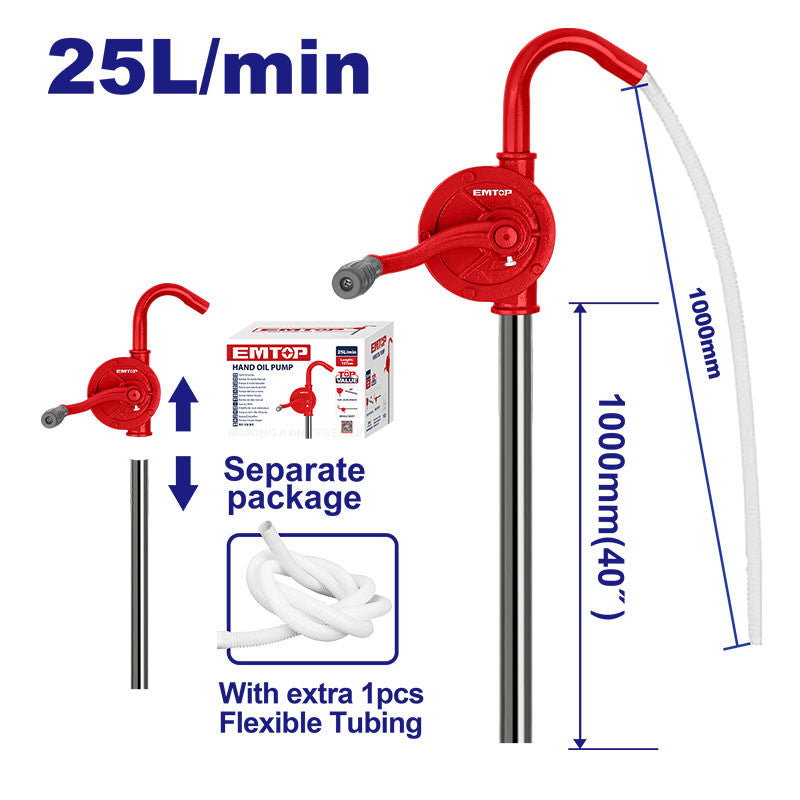 BOMBA MANUAL PARA ACEITE 25L/MIN LARGO 127CM DIAMETRO 125MM CUERPO DE ACERO. EMTOP