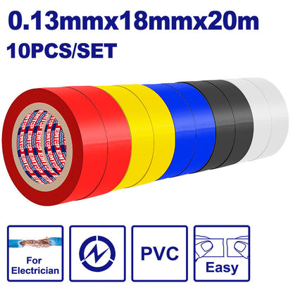 SET DE 10 PIEZAS CINTA AISLANTE PVC 20M X 18MM, ESPESOR 0.13MM, COLORES SURTIDOS. EMTOP