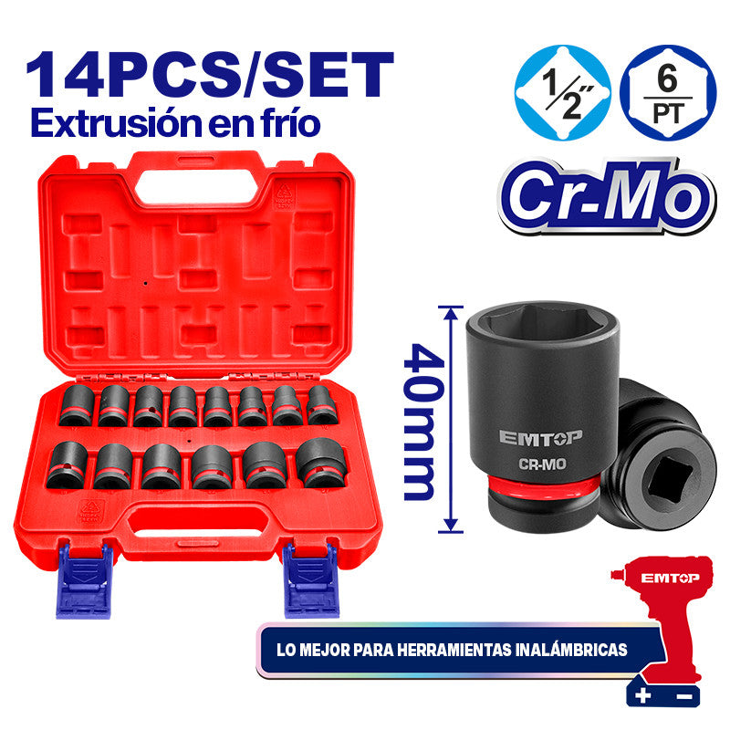 SET 14 COPAS DE IMPACTO, RAIZ 1/2 PULG. MILIMETRICAS. 10, 11, 12, 13, 14, 15, 16, 17, 18, 19, 21, 22, 24 Y 27. EMTOP