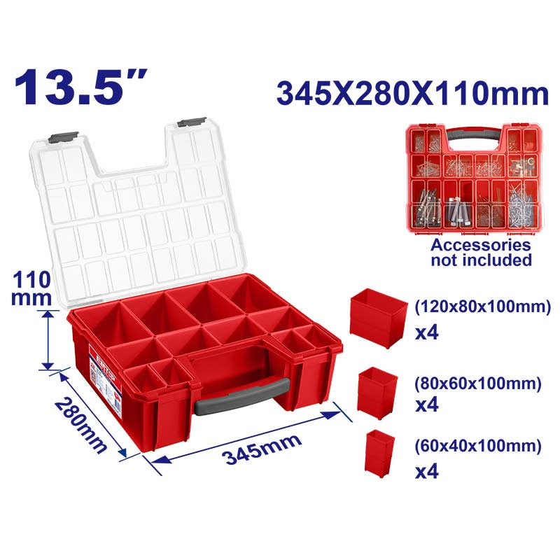 CAJA ORGANIZADORA DE PLASTICO, 13.5 PLG. 12 COMPARTIMENTOS REMOVIBLES, MEDIDA 345 X 280 X 110 MM. EMTOP