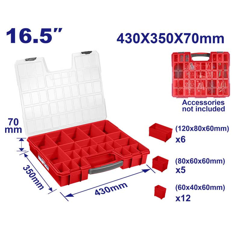 CAJA ORGANIZADORA DE PLASTICO, 16.5 PLG. 23 COMPARTIMENTOS REMOVIBLES, MEDIDA 430 X 350 X 70 MM. EMTOP