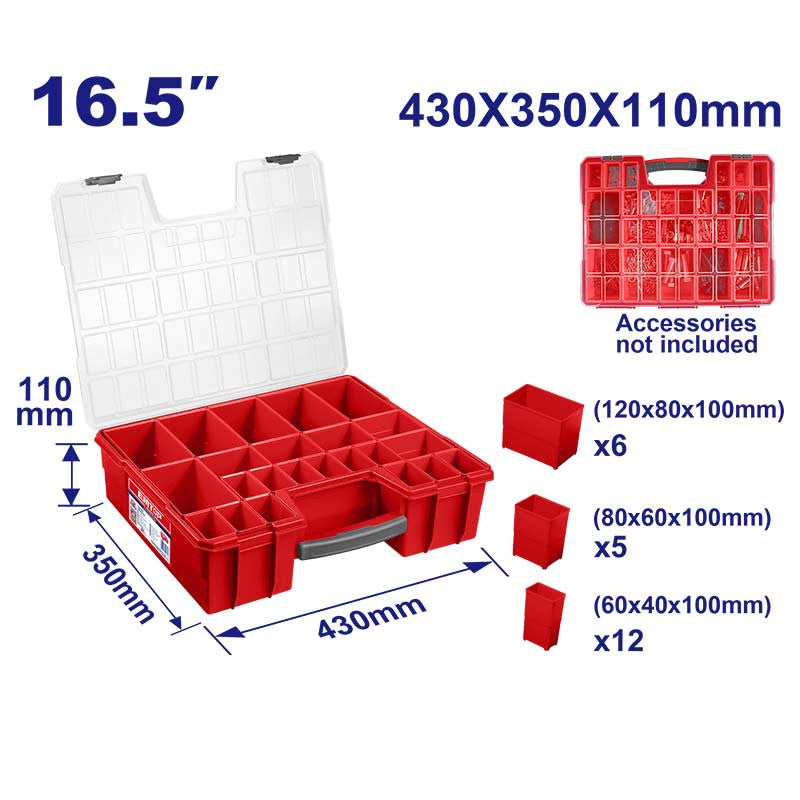 CAJA ORGANIZADORA DE PLASTICO, 16.5 PLG. 23 COMPARTIMENTOS REMOVIBLES, MEDIDA 430 X 350 X 110 MM. EMTOP