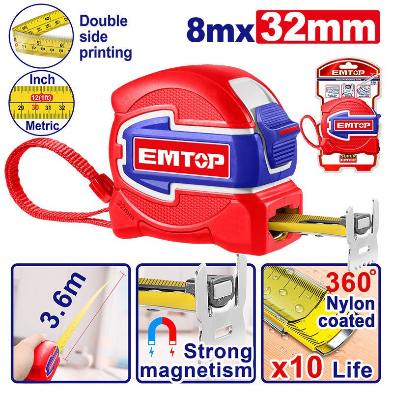 CINTA METRICA DE ACERO 8 MTS X 32 MM. IMPRESION DOBLE CARA, GANCHO MAGNETICO, ESCALA MM Y PLG. EMTOP