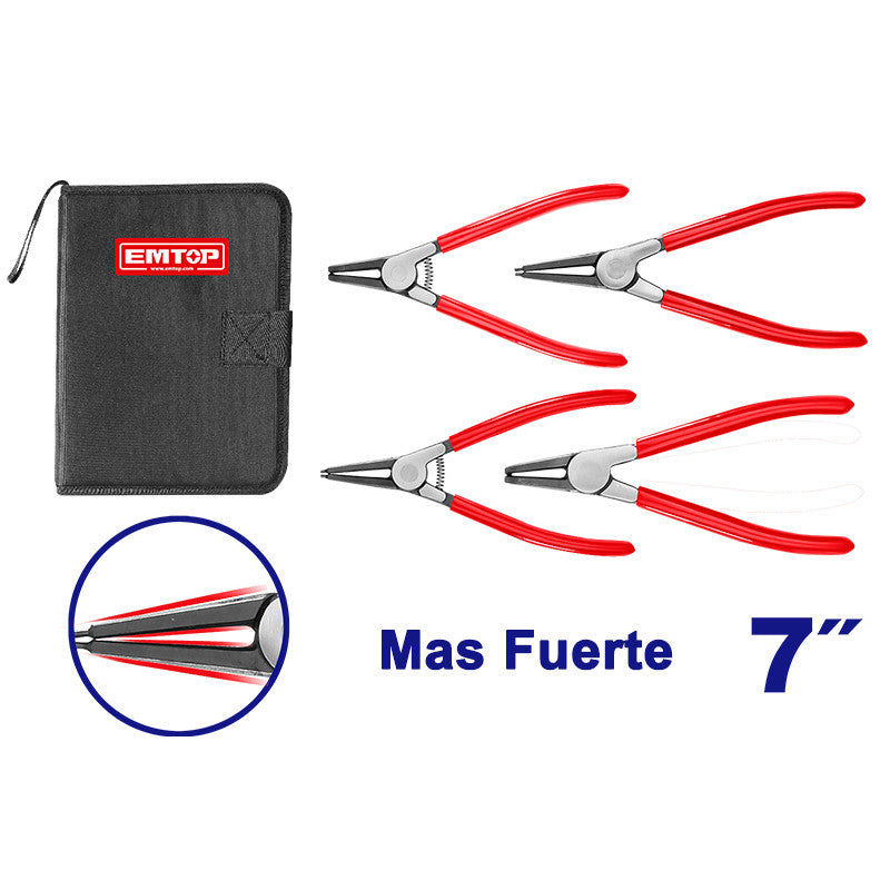 JUEGO DE 4 ALICATES SACA SEGUROS CON ESTUCHE. MARCA EMTOP