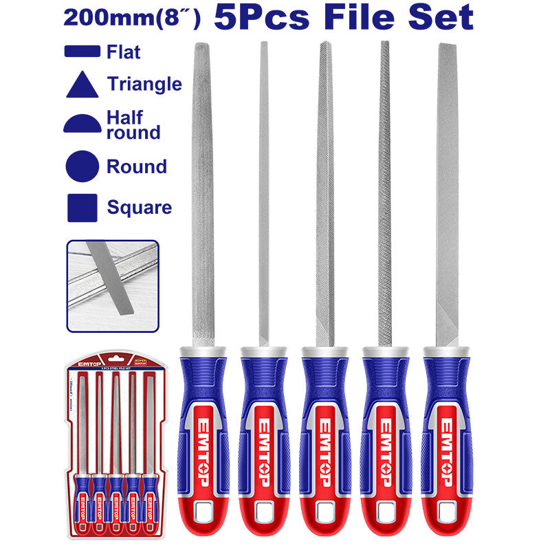 SET DE 5 LIMAS 8 PLG, INCLUYE PLANA, MEDIA CAÑA, REDONDA, TRIANGULAR Y CUADRADA, IDEALES PARA TRABAJO EN METAL, EMTOP.
