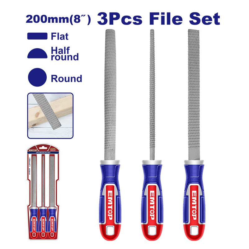 SET DE 3 LIMAS 8 PLG, INCLUYE PLANA, MEDIA CANA Y REDONDA, IDEALES PARA MADERA, PLASTICO Y METALES SUAVES. EMTOP