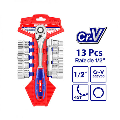 JUEGO DE 13 COPAS/DADOS/CUBOS METRICAS, RAIZ DE 1/2 , CON RACTCH Y BARRA DE EXTENSION. MARCA EMTOP