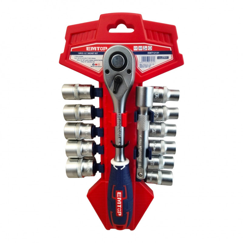 JUEGO DE 13 COPAS/DADOS/CUBOS METRICAS, RAIZ DE 1/2 , CON RACTCH Y BARRA DE EXTENSION. MARCA EMTOP