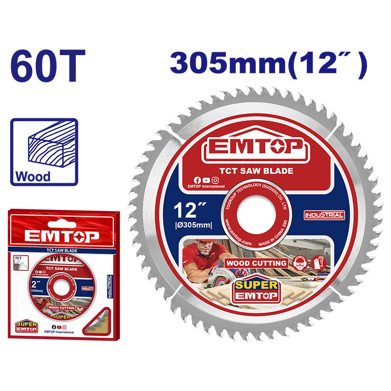 DISCO CARBURO DE TUNGSTENO 12 PLG, 60 DIENTES, PARA CORTE DE MADERA, EJE 30MM, INCLUYE REDUCTORES 16MM Y 25.4MM, EMTOP
