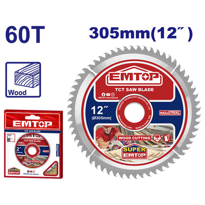 DISCO CARBURO DE TUNGSTENO 12 PLG, 60 DIENTES, PARA CORTE DE MADERA, EJE 30MM, INCLUYE REDUCTORES 16MM Y 25.4MM, EMTOP
