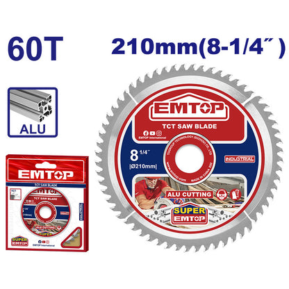 DISCO DE CARBURO DE TUNGSTENO 8-1/4 PLG. 60 DIENTES EJE 1-3/16 PLG. REDUCIDORES DE 5/8 Y 1 PLG. CORTE DE ALUMINIO. EMTO
