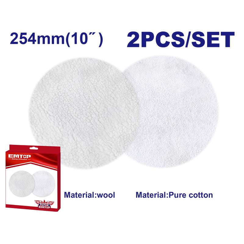 KIT DE 2 MOPAS DE LANA Y ALGODÓN, PARA PULIR, PARA PULIDORA LUSTRADORA 10 PLG. MODELO ELOP202548. EMTOP