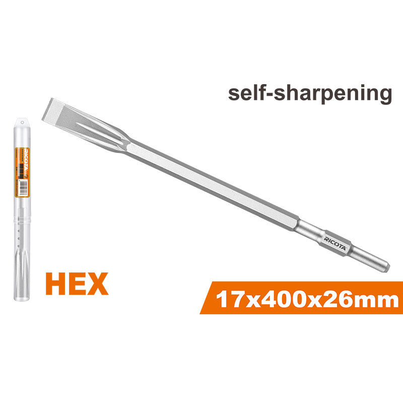 CINCEL PLANO AUTOFILABLE ENCASTRE HEX 17 MM. PALA 1 X 15-3/4 PLG. PARA CINCELADO EN CONCRETO. RICOTA.