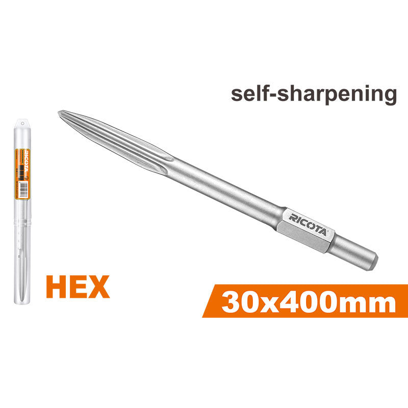 CINCEL PUNTA AUTOFILABLE ENCASTRE HEX 30 MM X 15-3/4 PLG. PARA CINCELADO EN CONCRETO. RICOTA.