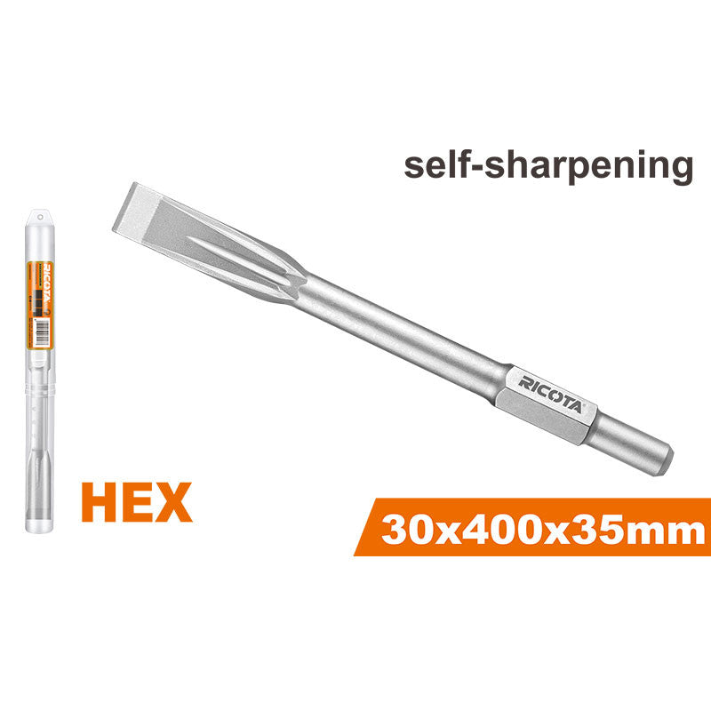 CINCEL PLANO AUTOFILABLE ENCASTRE HEX 30 MM. PALA 1-3/8 X 15-3/4 PLG. PARA CINCELADO EN CONCRETO. RICOTA.