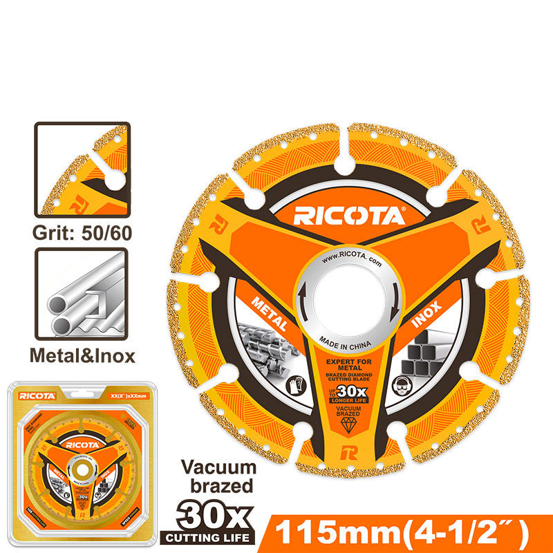 DISCO DIAMANTADO BRAZED 4-1/2 PLG. EJE 7/8 PLG. PARA CORTE DE METAL. RICOTA.