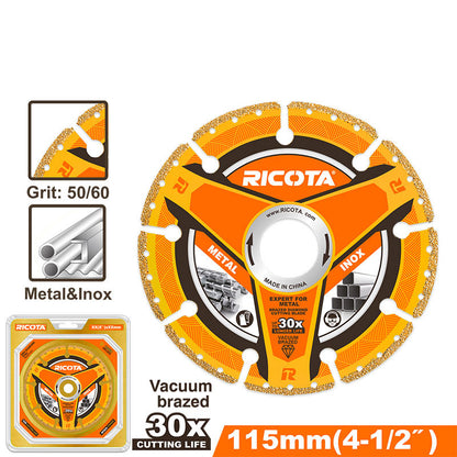 DISCO DIAMANTADO BRAZED 4-1/2 PLG. EJE 7/8 PLG. PARA CORTE DE METAL. RICOTA.