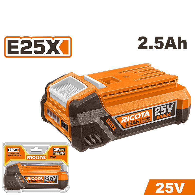 BATERIA DE LITIO 25V, 2.5AH, INDICADOR LED DE CARGA, COMPATIBLE CON HERRAMIENTAS E25X, RICOTA.