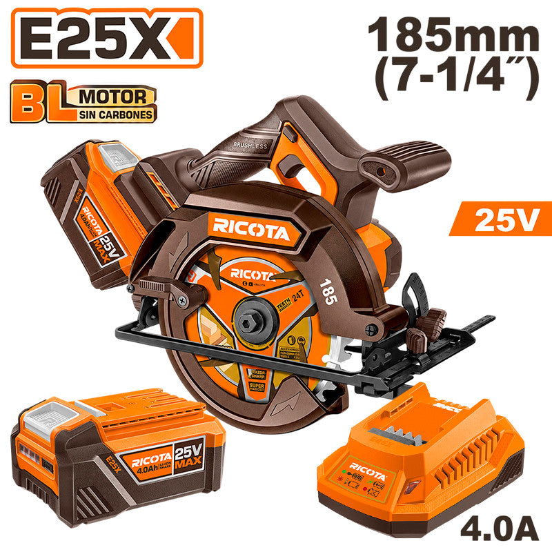 SIERRA CIRCULAR INALAMBRICA BRUSHLESS 25V, 7-1/4, 5000RPM, CAP.MAX. 2-1/2PLG, CON 2 BATERIAS Y CARGADOR. RICOTA