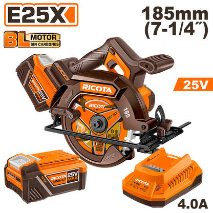 SIERRA CIRCULAR INALAMBRICA BRUSHLESS 25V, 7-1/4, 5000RPM, CAP.MAX. 2-1/2PLG, CON 2 BATERIAS Y CARGADOR. RICOTA