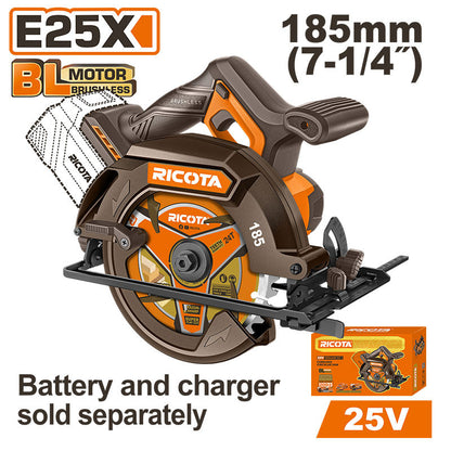 SIERRA CIRCULAR INALAMBRICA BRUSHLESS 25V, 7-1/4, 5000RPM, CAP.MAX. 2-1/2PLG, SIN BATERIA NI CARGADOR, BARE TOOL, RICOTA