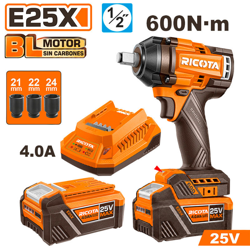LLAVE DE IMPACTO INALAMBRICA BRUSHLESS 25V, EJE 1/2 PLG, TORQUE 600 NM, CON 2 BATERIAS Y CARGADOR. RICOTA.