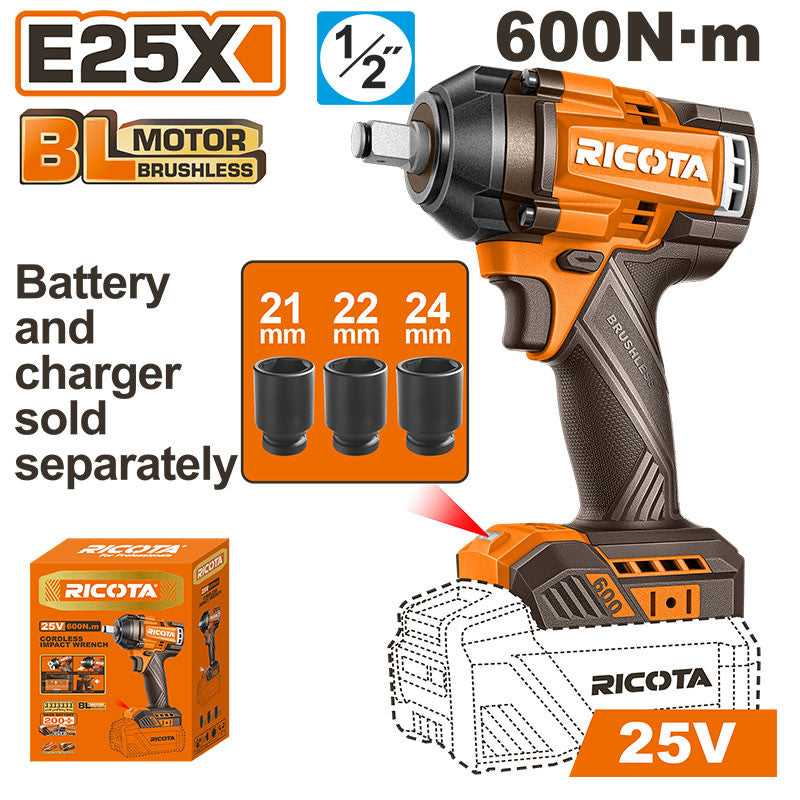LLAVE DE IMPACTO INALAMBRICA BRUSHLESS 25V, EJE 1/2 Plgs, TORQUE 600 NM, SIN BATERIA NI CARGADOR, BARE TOOL, RICOTA.