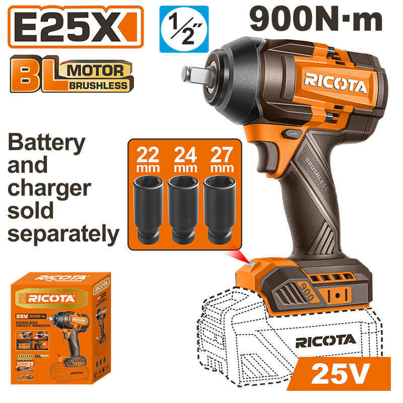 LLAVE DE IMPACTO INALAMBRICA BRUSHLESS 25V, EJE 1/2 Plgs, TORQUE 900 NM, SIN BATERIA NI CARGADOR, BARE TOOL, RICOTA.