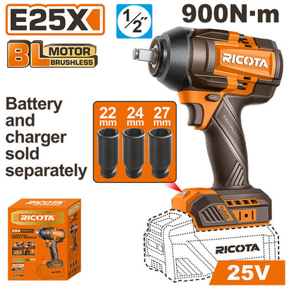 LLAVE DE IMPACTO INALAMBRICA BRUSHLESS 25V, EJE 1/2 Plgs, TORQUE 900 NM, SIN BATERIA NI CARGADOR, BARE TOOL, RICOTA.