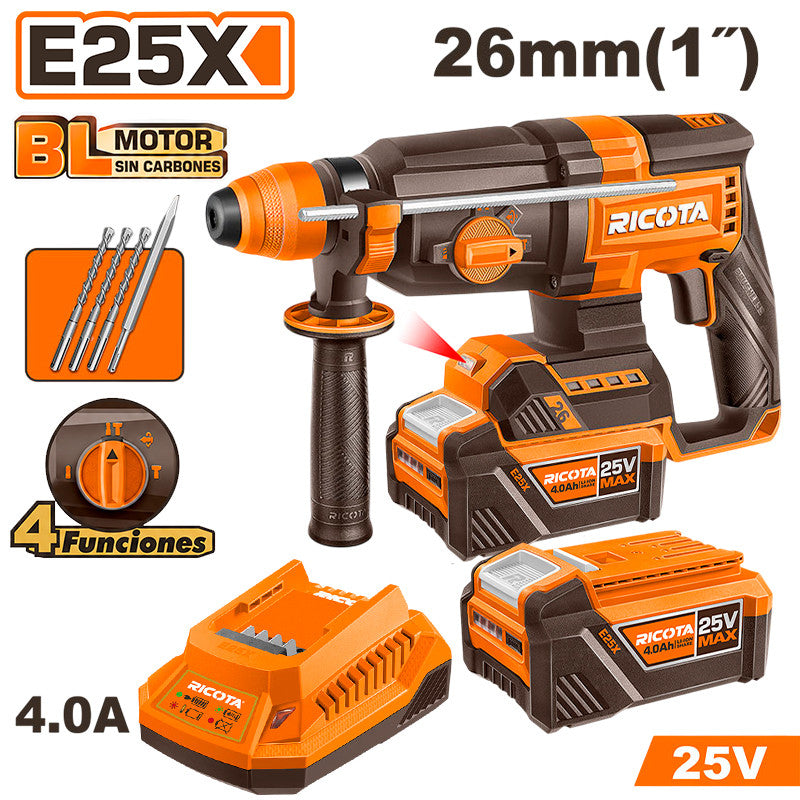 ROTOMARTILLO SDS PLUS INALAMBRICO BRUSHLESS 25V, 2.5 J, CAP. MAX. 1 PLG, CON 2 BATERIAS Y CARGADOR. RICOTA.