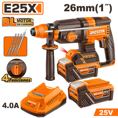 ROTOMARTILLO SDS PLUS INALAMBRICO BRUSHLESS 25V, 2.5 J, CAP. MAX. 1 PLG, CON 2 BATERIAS Y CARGADOR. RICOTA.