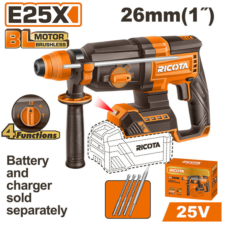 ROTOMARTILLO SDS PLUS INALAMBRICO BRUSHLESS 25V, 2.5 J, CAP. MAX. 1 PLG, SIN BATERIA NI CARGADOR, BARE TOOL, RICOTA.