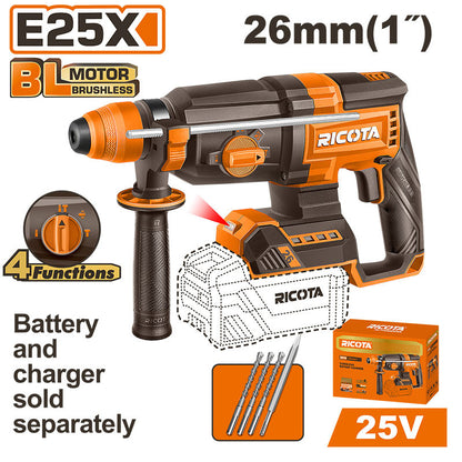 ROTOMARTILLO SDS PLUS INALAMBRICO BRUSHLESS 25V, 2.5 J, CAP. MAX. 1 PLG, SIN BATERIA NI CARGADOR, BARE TOOL, RICOTA.