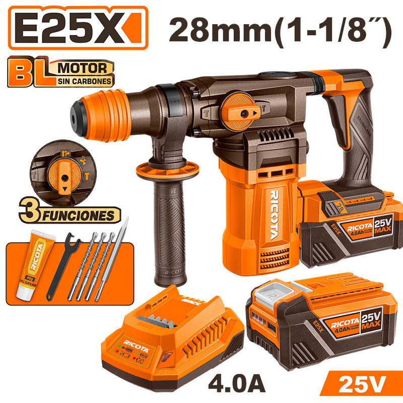 ROTOMARTILLO SDS PLUS INALAMBRICO BRUSHLESS 25V, 4.5 J, CAP. MAX. 1-1/8 PLG, CON 2 BATERIAS Y CARGADOR. RICOTA.