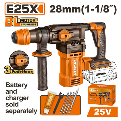 ROTOMARTILLO SDS PLUS INALAMBRICO BRUSHLESS 25V, 4.5 J, CAP. MAX. 1-1/8 PLG, SIN BATERIA NI CARGADOR, BARE TOOL, RICOTA.