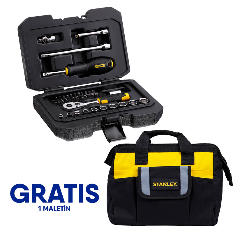 [STMT82828‑OF]- JUEGO DE 38 PIEZAS, RAIZ DE 1/4 PULGADA, COPAS 6 PUNTOS, MILIMETRICAS CON MALETA PLASTICA. GRATIS MALETIN. STANLEY