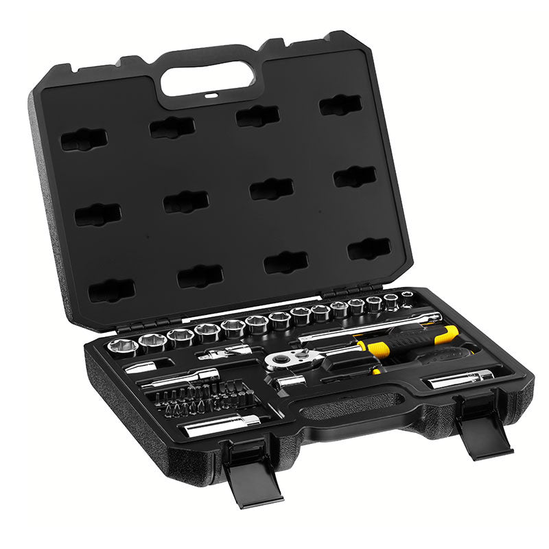 JUEGO DE 45 PIEZAS, RAIZ DE 3/8 PULGADA, COPAS 6 PUNTOS, MILIMETRICAS CON MALETA PLASTICA. STANLEY