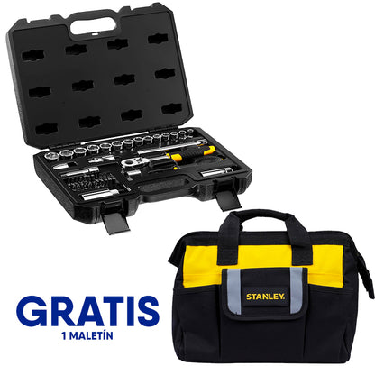 [STMT82829‑OF]- JUEGO DE 45 PIEZAS, RAIZ DE 3/8 PULGADA, COPAS 6 PUNTOS, MILIMETRICAS CON MALETA PLASTICA. GRATIS MALETIN. STANLEY