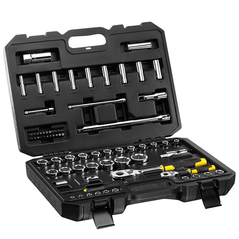 JUEGO DE 72 PIEZAS, RAIZ DE 1/4 y 1/2 PULGADA, COPAS 6 PUNTOS, MILIMETRICAS CON MALETA PLASTICA. STANLEY