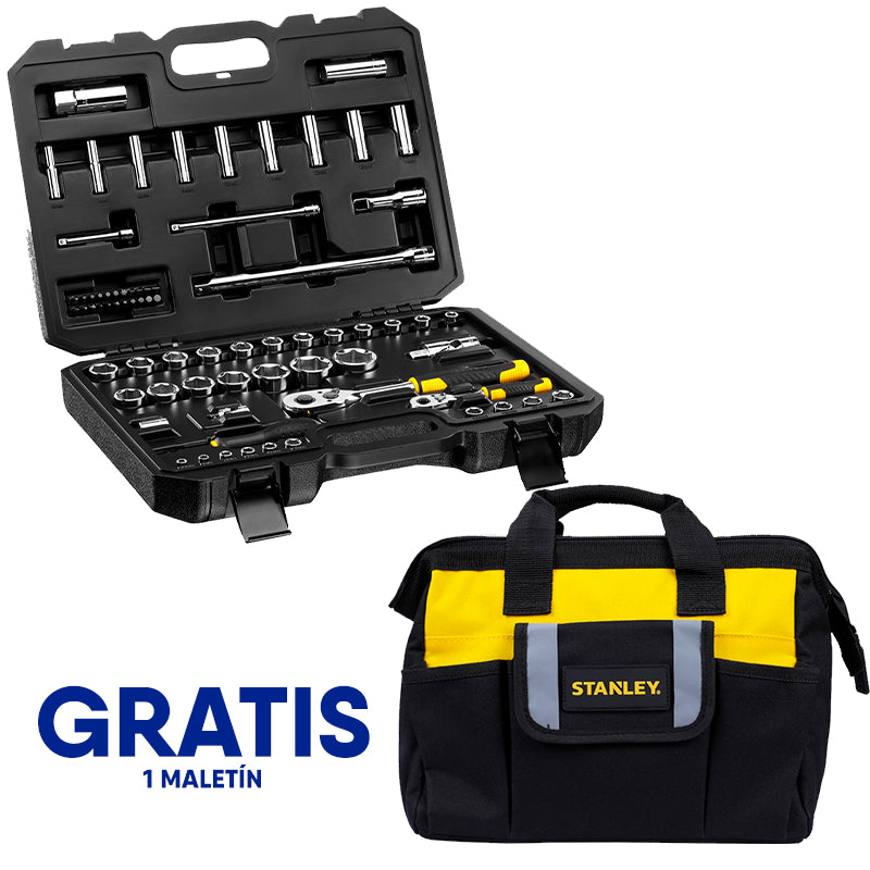 [STMT82831‑OF]-JUEGO DE 72 PIEZAS, RAIZ DE 1/4 y 1/2 PULGADA, COPAS 6 PUNTOS, MILIMETRICAS CON MALETA PLASTICA. GRATIS MALETIN. STANLEY