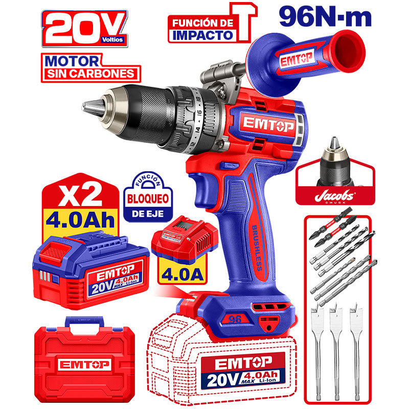 BARRENO PERCUTOR INALAMBRICO 20V, VEL. VARIABLE, BRUSHLESS, MANDRIL METALICO DE 1/2, TORQUE 96NM. EMTOP