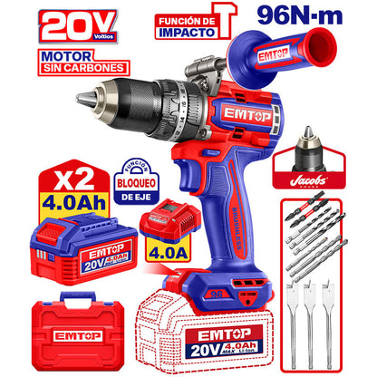 BARRENO PERCUTOR INALAMBRICO 20V, VEL. VARIABLE, BRUSHLESS, MANDRIL METALICO DE 1/2, TORQUE 96NM. EMTOP