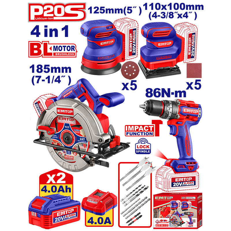 COMBO 4 HERRAM. 20V, BRUSHLESS, 2 LIJADORAS ORBITALES 1/4 DE HOJA Y 5 PLG, SIERRA CIRCULAR 7-1/4 Y TALADRO 1/2PLG, EMTOP