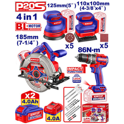 COMBO 4 HERRAM. 20V, BRUSHLESS, 2 LIJADORAS ORBITALES 1/4 DE HOJA Y 5 PLG, SIERRA CIRCULAR 7-1/4 Y TALADRO 1/2PLG, EMTOP