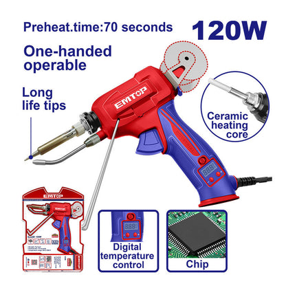 CAUTIN TIPO PISTOLA 120W. ALIMENTADOR DE ESTAÑO, DISPLAY DIGITAL Y CONTROL DE TEMPERATURA. EMTOP