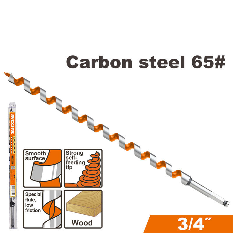 BROCA AUGER PARA MADERA 3/4 PLG X 18 PLG, DE ACERO AL CARBONO, VASTAGO HEXAGONAL DE 1/4 PLG, RICOTA.