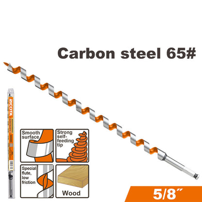 BROCA AUGER PARA MADERA 5/8 PLG X 18 PLG, DE ACERO AL CARBONO, VASTAGO HEXAGONAL DE 1/4 PLG, RICOTA.